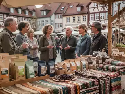 Menschen an einem Marktstand mit fair gehandelten Produkten in einer deutschen Stadt bei Tageslicht. - Foto: über boerse-global.de