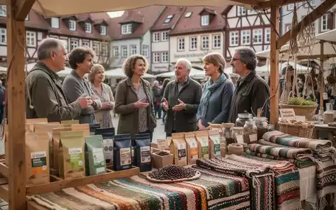 Menschen an einem Marktstand mit fair gehandelten Produkten in einer deutschen Stadt bei Tageslicht. - Foto: über boerse-global.de
