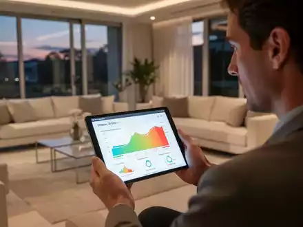 Eine Person betrachtet auf einem Tablet Energiedaten in einem modern eingerichteten Wohnzimmer während der Dämmerung. - Foto: über boerse-global.de