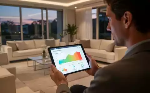 Eine Person betrachtet auf einem Tablet Energiedaten in einem modern eingerichteten Wohnzimmer während der Dämmerung. - Foto: über boerse-global.de