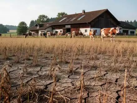 Eine ausgetrocknete, gelblich-braune Wiese während einer Dürreperiode vor einem ökologisch bewirtschafteten Bauernhof. - Foto: über boerse-global.de