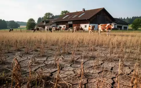 Eine ausgetrocknete, gelblich-braune Wiese während einer Dürreperiode vor einem ökologisch bewirtschafteten Bauernhof. - Foto: über boerse-global.de