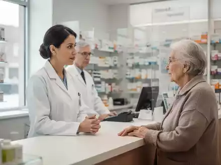 Eine Apothekerin im Beratungsgespräch mit einem älteren Patienten in einer hellen, modernen Apotheke. - Foto: über boerse-global.de