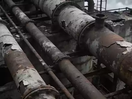 Verfallende industrielle Anlage einer Uranmine mit rostigen Rohren und Betonstrukturen unter bewölktem Himmel. - Foto: über boerse-global.de