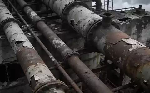 Verfallende industrielle Anlage einer Uranmine mit rostigen Rohren und Betonstrukturen unter bewölktem Himmel. - Foto: über boerse-global.de