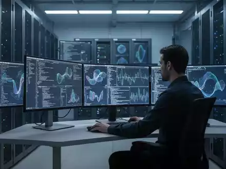 Ein Ingenieur arbeitet in einem modernen, schwach beleuchteten Serverraum an der Überprüfung komplexer KI-Systeme. - Foto: über boerse-global.de
