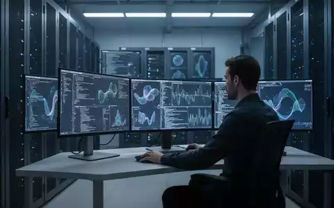 Ein Ingenieur arbeitet in einem modernen, schwach beleuchteten Serverraum an der Überprüfung komplexer KI-Systeme. - Foto: über boerse-global.de