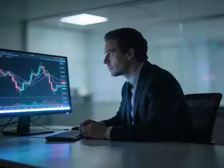 Ein Börsenhändler an einem modernen Schreibtisch vor Monitoren mit Finanzdaten. - Foto: über boerse-global.de