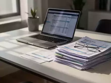 Ein organisierter Schreibtisch mit Unterlagen und einem Laptop in einem hellen Wohnraum. - Foto: über boerse-global.de