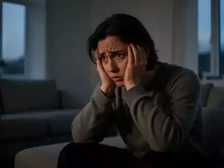 Eine nachdenkliche Person sitzt in einem schwach beleuchteten Raum und hält sich den Kopf, Ausdruck emotionaler Verletzlichkeit. - Foto: über boerse-global.de