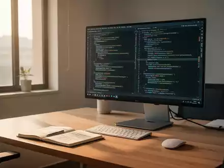 Ein minimalistischer, moderner Arbeitsplatz mit einem Computerbildschirm, der Programmcode anzeigt, in einem hellen Büro. - Foto: über boerse-global.de