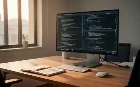 Ein minimalistischer, moderner Arbeitsplatz mit einem Computerbildschirm, der Programmcode anzeigt, in einem hellen Büro. - Foto: über boerse-global.de