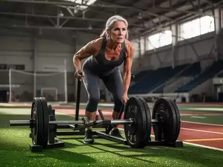 Sportliche Frau über 50 beim Training mit einem Gewichtsschlitten auf einer Kunstrasenbahn in einer Sporthalle. - Foto: über boerse-global.de