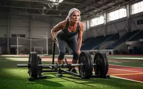 Sportliche Frau über 50 beim Training mit einem Gewichtsschlitten auf einer Kunstrasenbahn in einer Sporthalle. - Foto: über boerse-global.de
