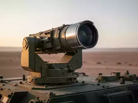 Ein hochmodernes Laserwaffensystem auf einem Militärfahrzeug in einer Wüstenlandschaft bei Sonnenuntergang. - Foto: über boerse-global.de