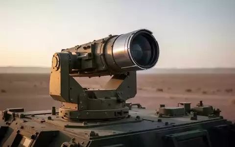 Ein hochmodernes Laserwaffensystem auf einem Militärfahrzeug in einer Wüstenlandschaft bei Sonnenuntergang. - Foto: über boerse-global.de