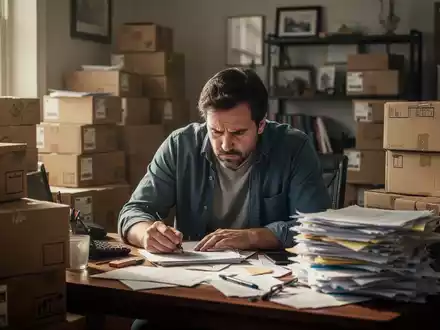 Überforderter Onlinehändler an einem Schreibtisch mit zahlreichen Versandkartons und Dokumenten in einem Home-Office. - Foto: über boerse-global.de