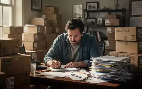 Überforderter Onlinehändler an einem Schreibtisch mit zahlreichen Versandkartons und Dokumenten in einem Home-Office. - Foto: über boerse-global.de