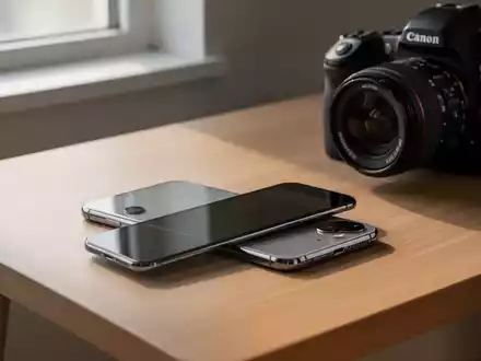 Ein modernes Smartphone liegt neben einer professionellen Kamera auf einem minimalistischen Schreibtisch bei natürlichem Licht. - Foto: über boerse-global.de