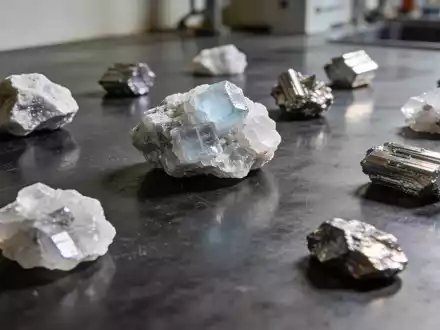 Nahaufnahme von Lithium-Erzproben und Metallmineralien auf einem industriellen Arbeitstisch. - Foto: über boerse-global.de