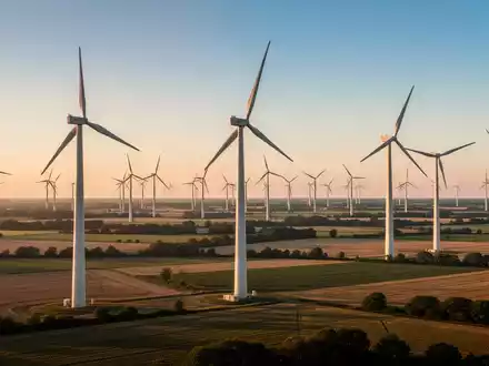Mehrere große Windkraftanlagen in einem Windpark während des Sonnenuntergangs. - Foto: über boerse-global.de