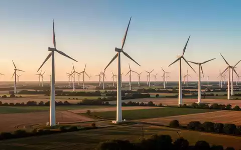 Mehrere große Windkraftanlagen in einem Windpark während des Sonnenuntergangs. - Foto: über boerse-global.de