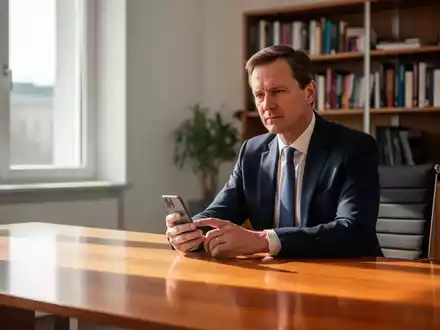 Eine Politikerin sitzt an einem Schreibtisch in einem modernen Büro und hält ein Smartphone in der Hand. - Foto: über boerse-global.de