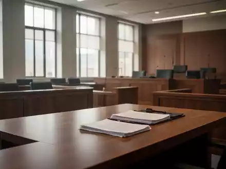 Ein leerer Gerichtssaal mit hölzernen Möbeln und Akten auf einem Tisch bei natürlichem Lichteinfall. - Foto: über boerse-global.de