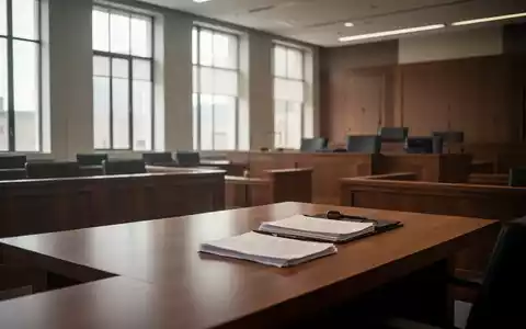 Ein leerer Gerichtssaal mit hölzernen Möbeln und Akten auf einem Tisch bei natürlichem Lichteinfall. - Foto: über boerse-global.de