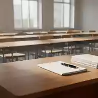 Ein leerer, sonnendurchfluteter Klassenraum mit aufgereihten Schulbänken und einem ordentlichen Lehrertisch. - Foto: über boerse-global.de