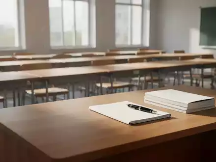 Ein leerer, sonnendurchfluteter Klassenraum mit aufgereihten Schulbänken und einem ordentlichen Lehrertisch. - Foto: über boerse-global.de