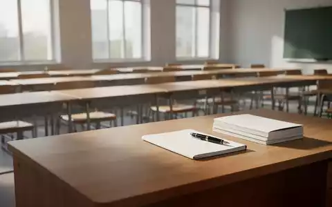 Ein leerer, sonnendurchfluteter Klassenraum mit aufgereihten Schulbänken und einem ordentlichen Lehrertisch. - Foto: über boerse-global.de
