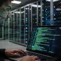 Ein Cybersecurity-Analyst arbeitet in einem modern beleuchteten Serverraum an einem Laptop mit komplexen Datenvisualisierungen. - Foto: über boerse-global.de