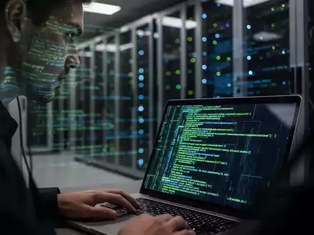 Ein Cybersecurity-Analyst arbeitet in einem modern beleuchteten Serverraum an einem Laptop mit komplexen Datenvisualisierungen. - Foto: über boerse-global.de