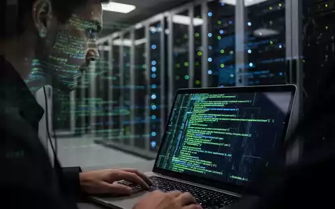 Ein Cybersecurity-Analyst arbeitet in einem modern beleuchteten Serverraum an einem Laptop mit komplexen Datenvisualisierungen. - Foto: über boerse-global.de
