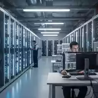Ein moderner Serverraum in einem Rechenzentrum mit leuchtenden Serverschränken und einem Techniker an einer Workstation. - Foto: über boerse-global.de