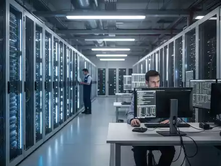 Ein moderner Serverraum in einem Rechenzentrum mit leuchtenden Serverschränken und einem Techniker an einer Workstation. - Foto: über boerse-global.de