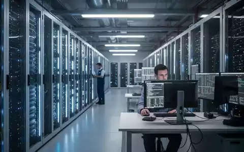 Ein moderner Serverraum in einem Rechenzentrum mit leuchtenden Serverschränken und einem Techniker an einer Workstation. - Foto: über boerse-global.de