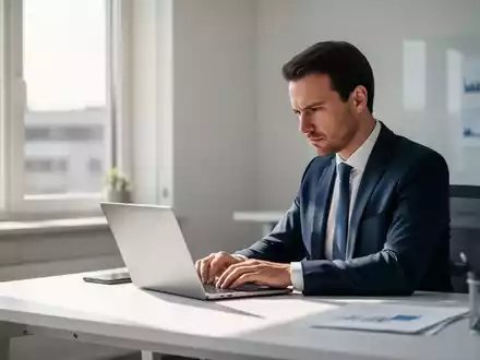 Ein Geschäftsmann arbeitet konzentriert an einem Laptop in einem modernen, hellen Büro für eine KI-Schulung. - Foto: über boerse-global.de