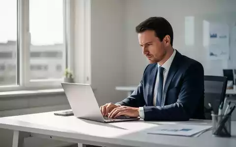 Ein Geschäftsmann arbeitet konzentriert an einem Laptop in einem modernen, hellen Büro für eine KI-Schulung. - Foto: über boerse-global.de