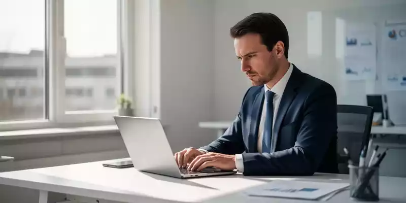 Ein Geschäftsmann arbeitet konzentriert an einem Laptop in einem modernen, hellen Büro für eine KI-Schulung. - Foto: über boerse-global.de