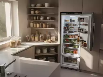Eine modern gestaltete, aufgeräumte Küche mit einem übersichtlich organisierten Kühlschrank und Vorratsbehältern. - Foto: über boerse-global.de