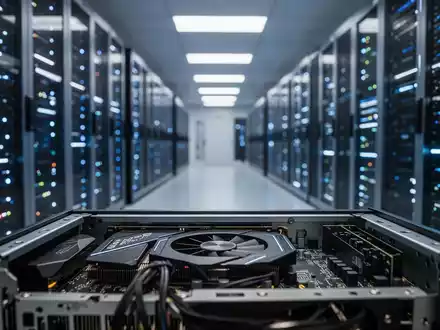 Reihen von leuchtenden Server-Racks in einem modernen Rechenzentrum, die die industrielle Infrastruktur für KI-Rechenleistung darstellen. - Foto: über boerse-global.de