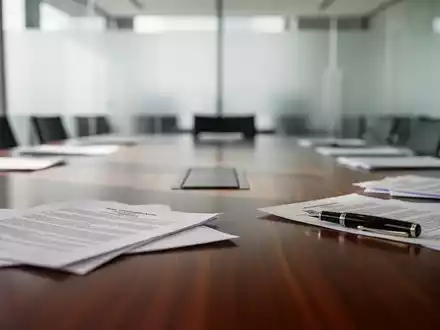 Ein moderner Konferenztisch in einem hellen Büro mit verwaschenen juristischen Unterlagen im Hintergrund. - Foto: über boerse-global.de