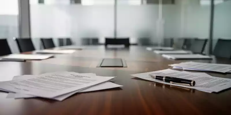 Ein moderner Konferenztisch in einem hellen Büro mit verwaschenen juristischen Unterlagen im Hintergrund. - Foto: über boerse-global.de