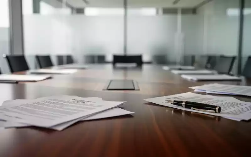Ein moderner Konferenztisch in einem hellen Büro mit verwaschenen juristischen Unterlagen im Hintergrund. - Foto: über boerse-global.de