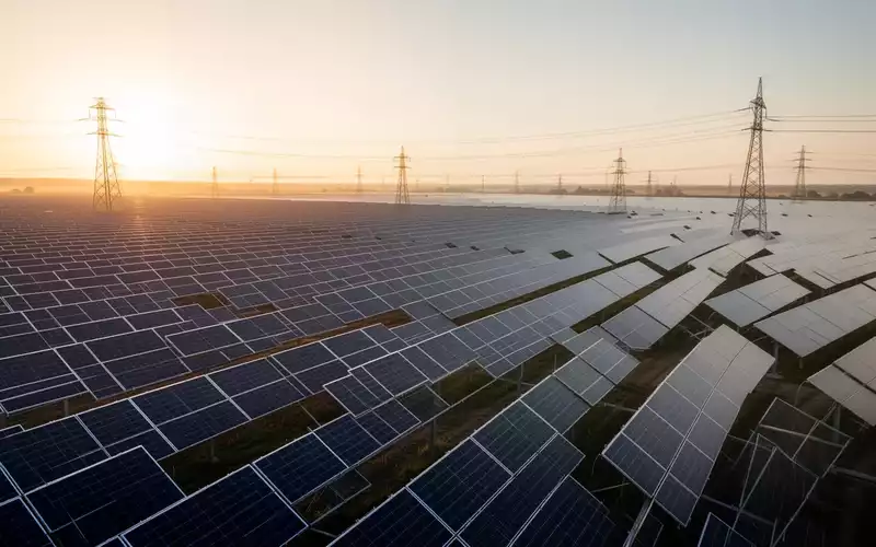 Weitläufiger Solarpark bei Sonnenaufgang mit Photovoltaik-Modulen und Strommasten in der Ferne. - Foto: über boerse-global.de