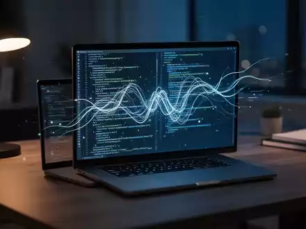 Ein modern eingerichteter Arbeitsplatz bei Nacht, auf dessen Laptop-Bildschirm abstrakte Datenströme als Symbol für Cybersicherheit zu sehen sind. - Foto: über boerse-global.de