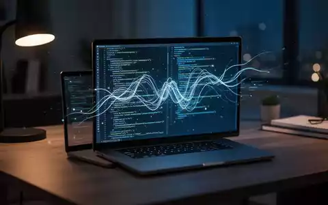 Ein modern eingerichteter Arbeitsplatz bei Nacht, auf dessen Laptop-Bildschirm abstrakte Datenströme als Symbol für Cybersicherheit zu sehen sind. - Foto: über boerse-global.de