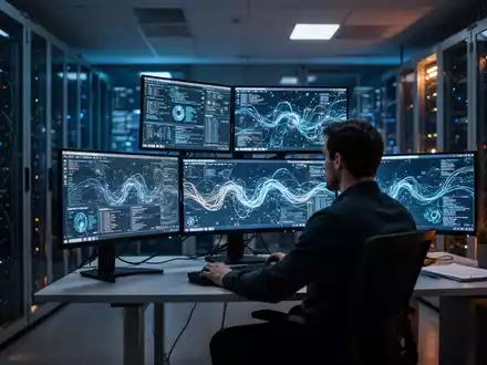Ein IT-Sicherheitsexperte überwacht komplexe Datenströme in einem modern beleuchteten Büro bei Nacht. - Foto: über boerse-global.de